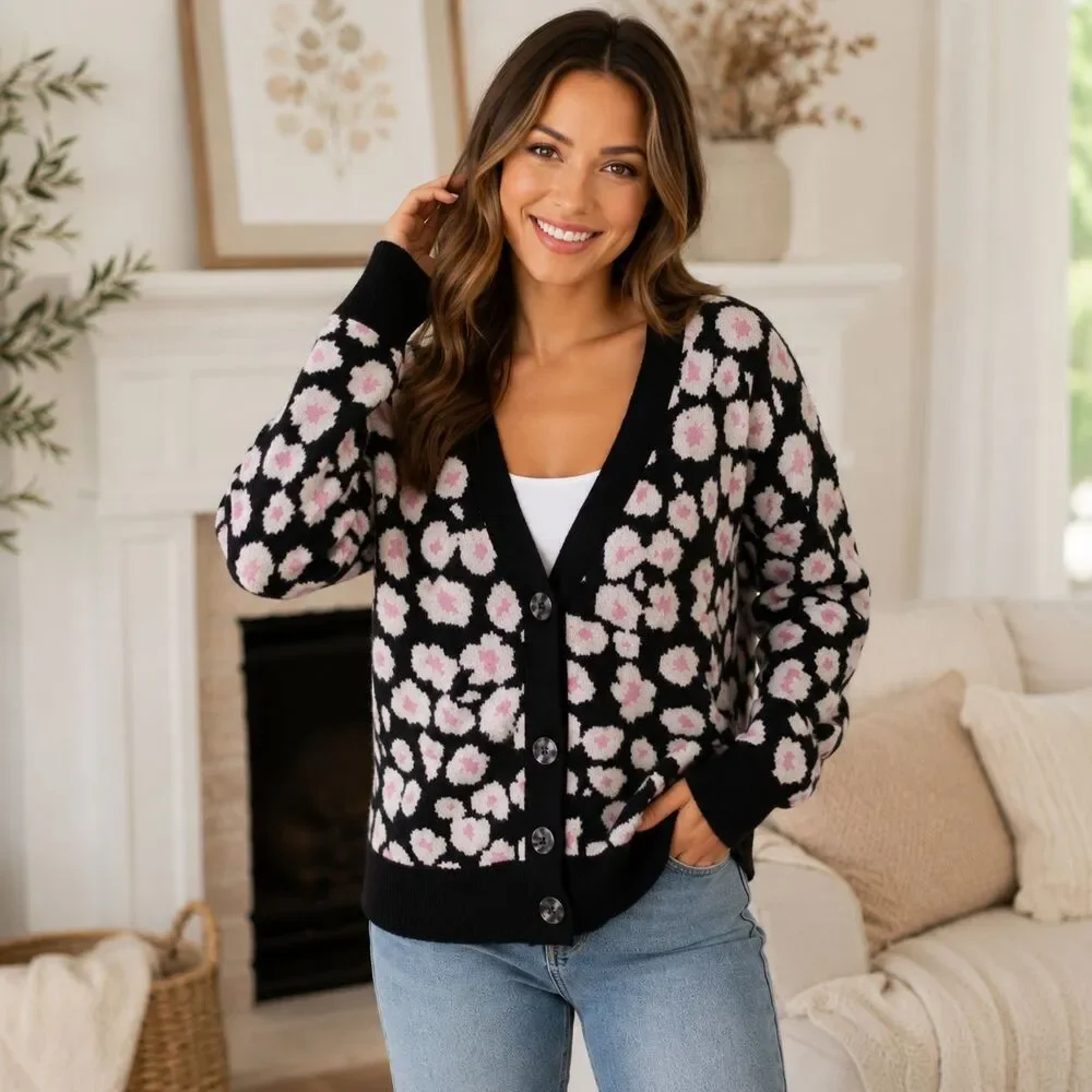 UGG Shaina Floral Cardigan Sweater L Black Pink Daisy Cottagecore Cozy Chic